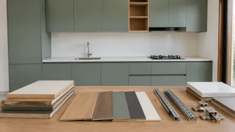 Sampel panel dan hardware di depan kitchen set