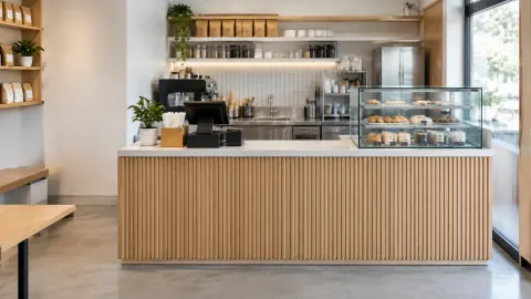 Front counter kayu pada toko dengan vitrin