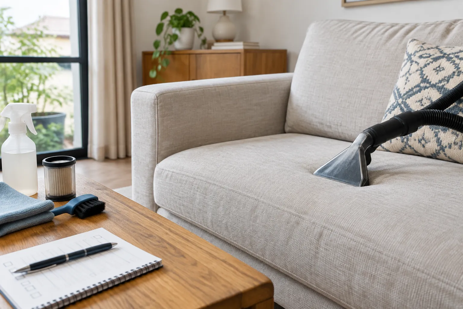 Penyedot debu digunakan pada sofa ruang tamu