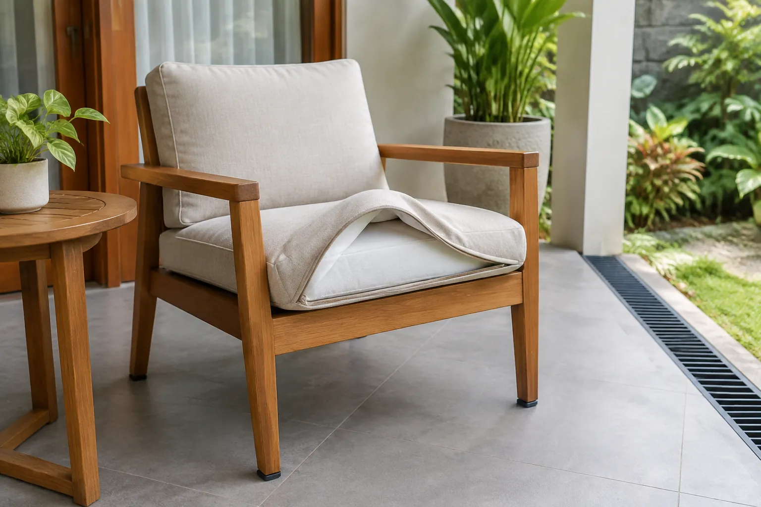 Kursi kayu teras dengan bantal dan selimut tipis