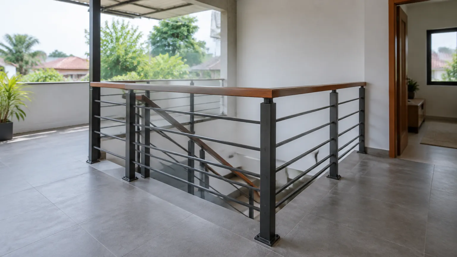 Railing logam di sekitar bukaan tangga dalam rumah