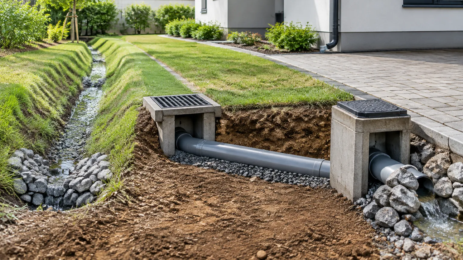 Saluran drainase dengan pipa dan bak kontrol di halaman