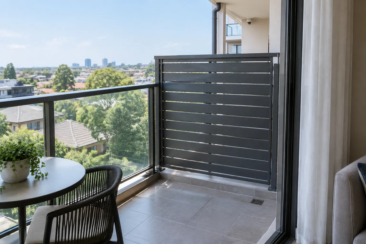 Panel privasi pendek pada ujung balkon dekat pintu