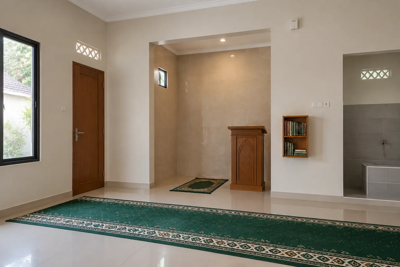 Ruang mushola dengan karpet, jendela, dan dinding interior.