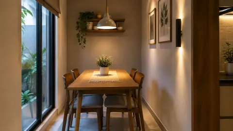 Ruang makan sempit dengan lampu gantung di atas meja