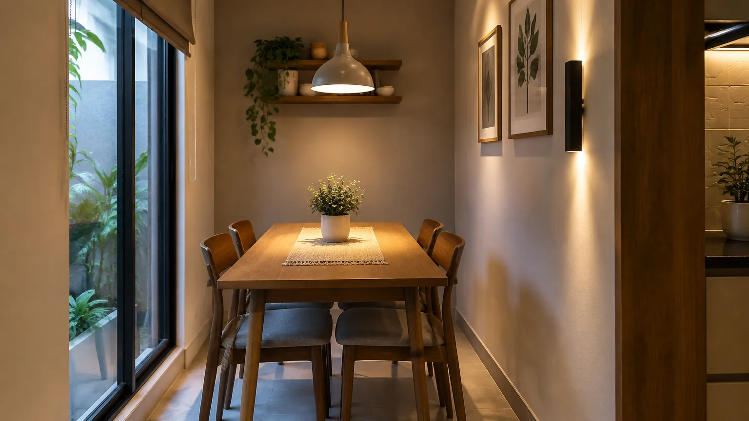 Ruang makan sempit dengan lampu gantung di atas meja