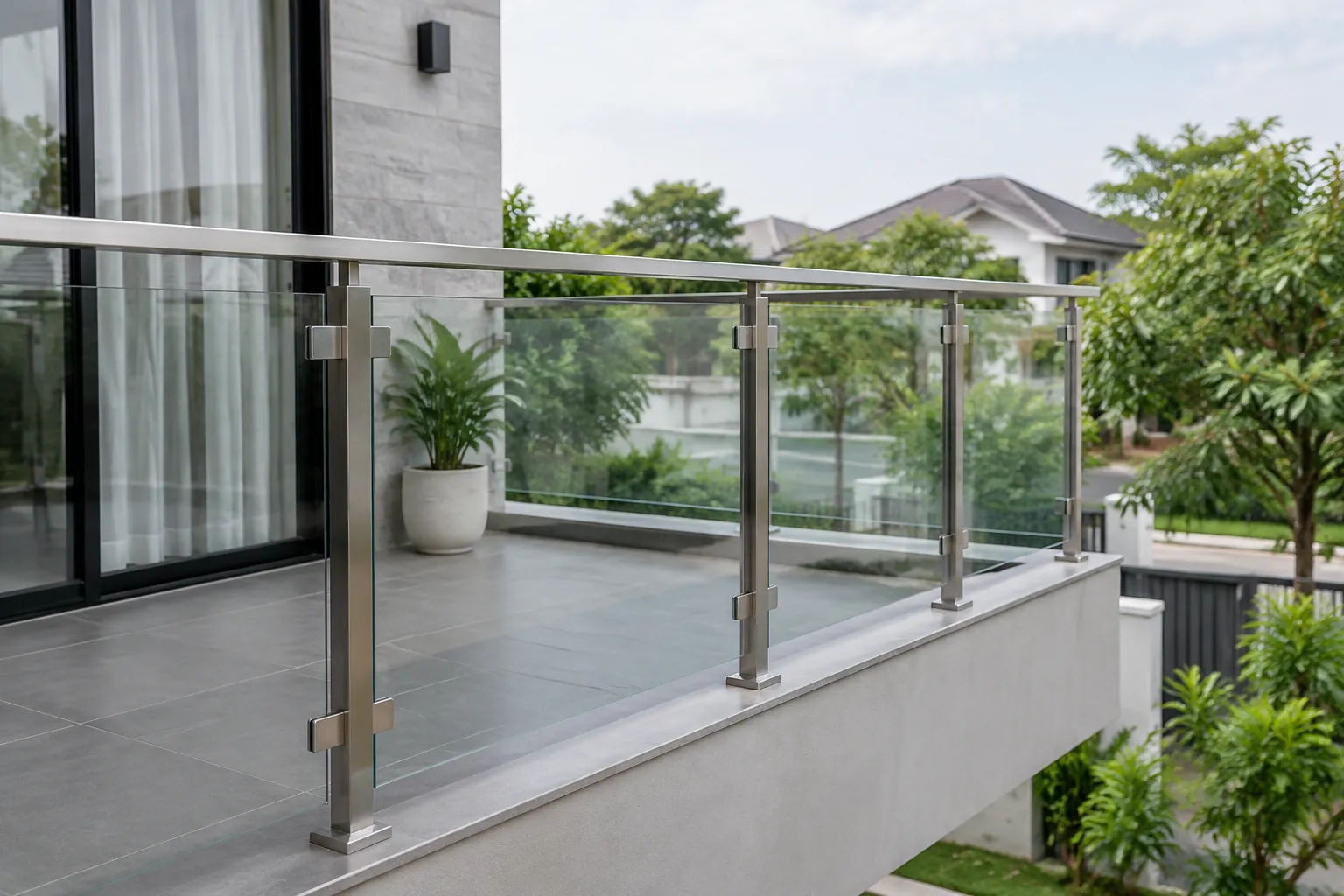 Pagar logam terpasang pada tepi balkon rumah