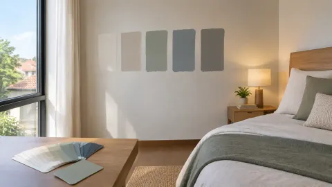 Beberapa contoh warna ditempel pada dinding kamar dekat tempat tidur