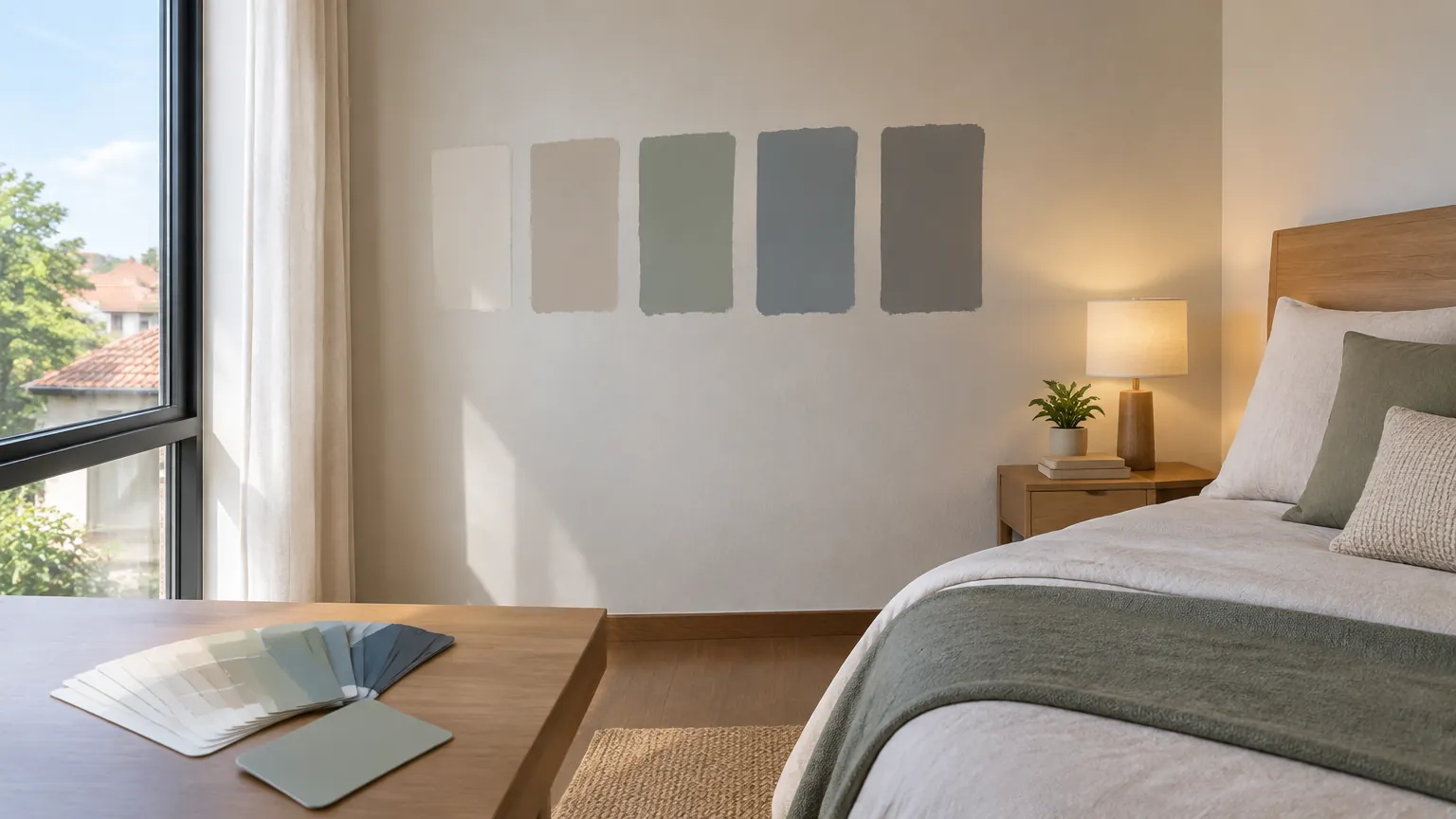 Beberapa contoh warna ditempel pada dinding kamar dekat tempat tidur
