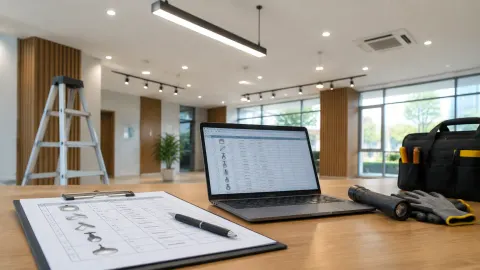 Ruang besar dengan lampu plafon dan laptop di meja