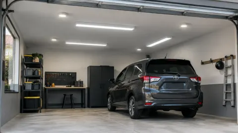 Garasi rumah dengan lampu panjang pada plafon