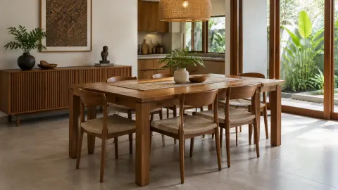 Ruang makan dengan meja kayu dan jendela besar menghadap taman