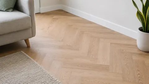 Lantai kayu berpola herringbone di ruang duduk