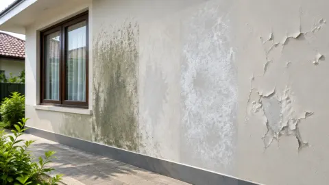Fasad rumah dengan cat dinding luar yang mengelupas dan bernoda