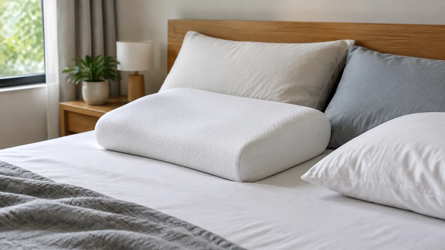 Bantal berbentuk khusus dan bantal biasa di atas tempat tidur