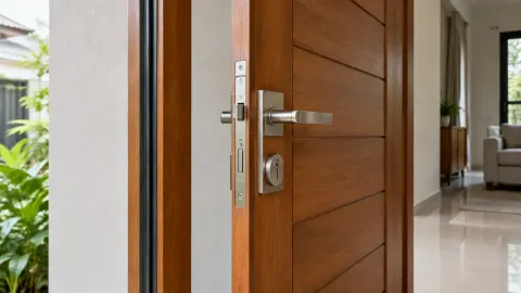 Kunci dan perangkat pada pintu kayu depan rumah