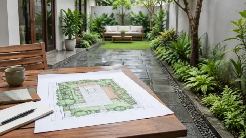 Gambar rencana taman di dekat jalur batu yang basah
