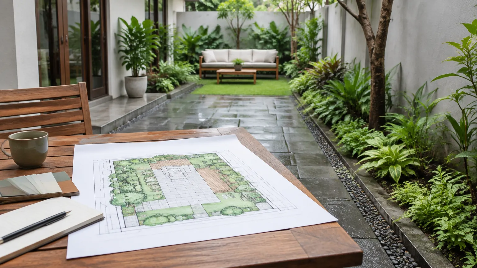 Gambar rencana taman di dekat jalur batu yang basah