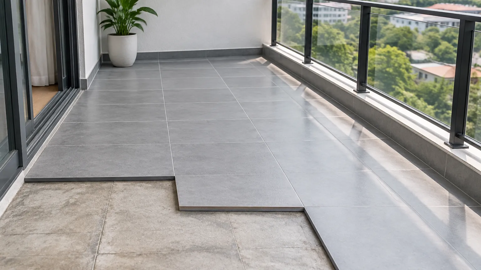 Lantai balkon baru dipasang di atas bidang lama