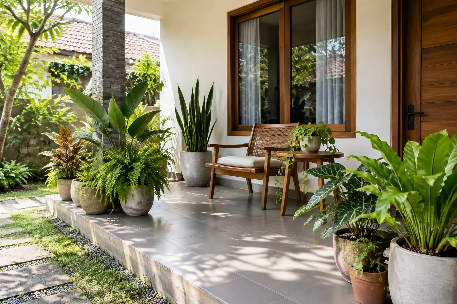 Tanaman hias di teras depan rumah tropis