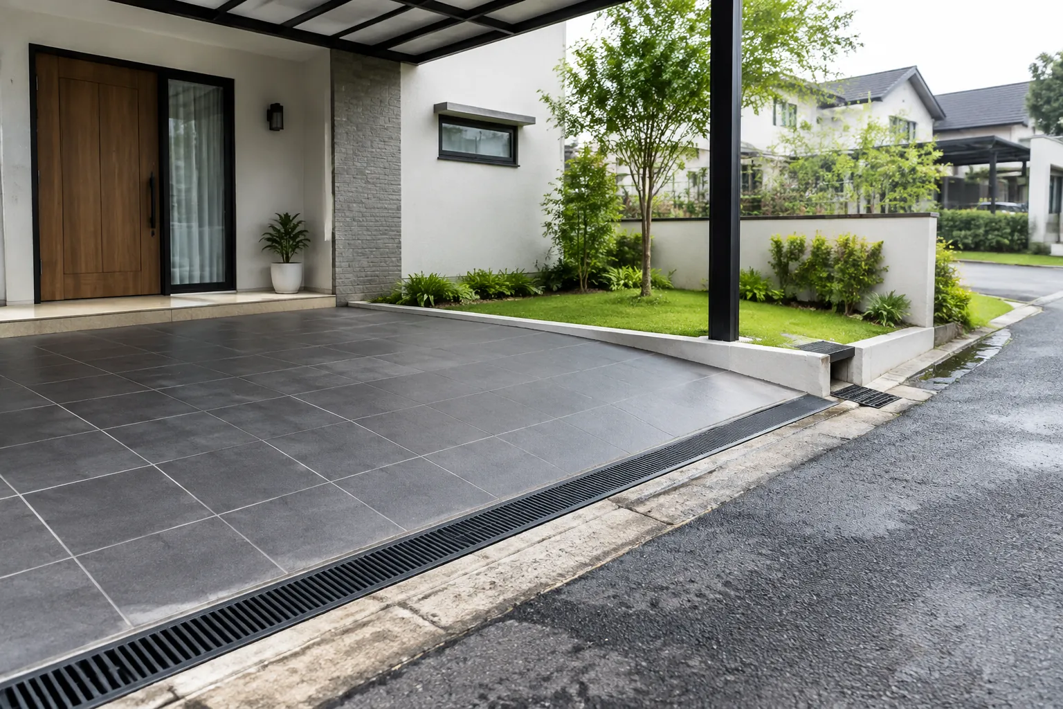 Saluran linear berada pada batas lantai carport dan jalan