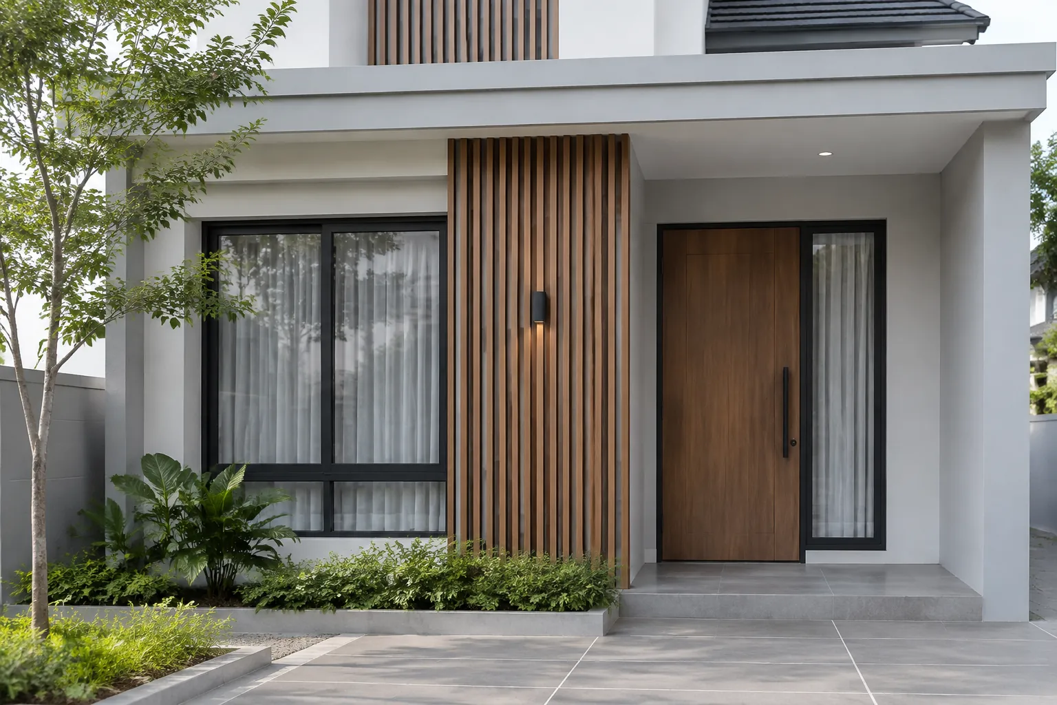 Fasad rumah dengan kisi kayu dan bukaan pada beberapa bidang