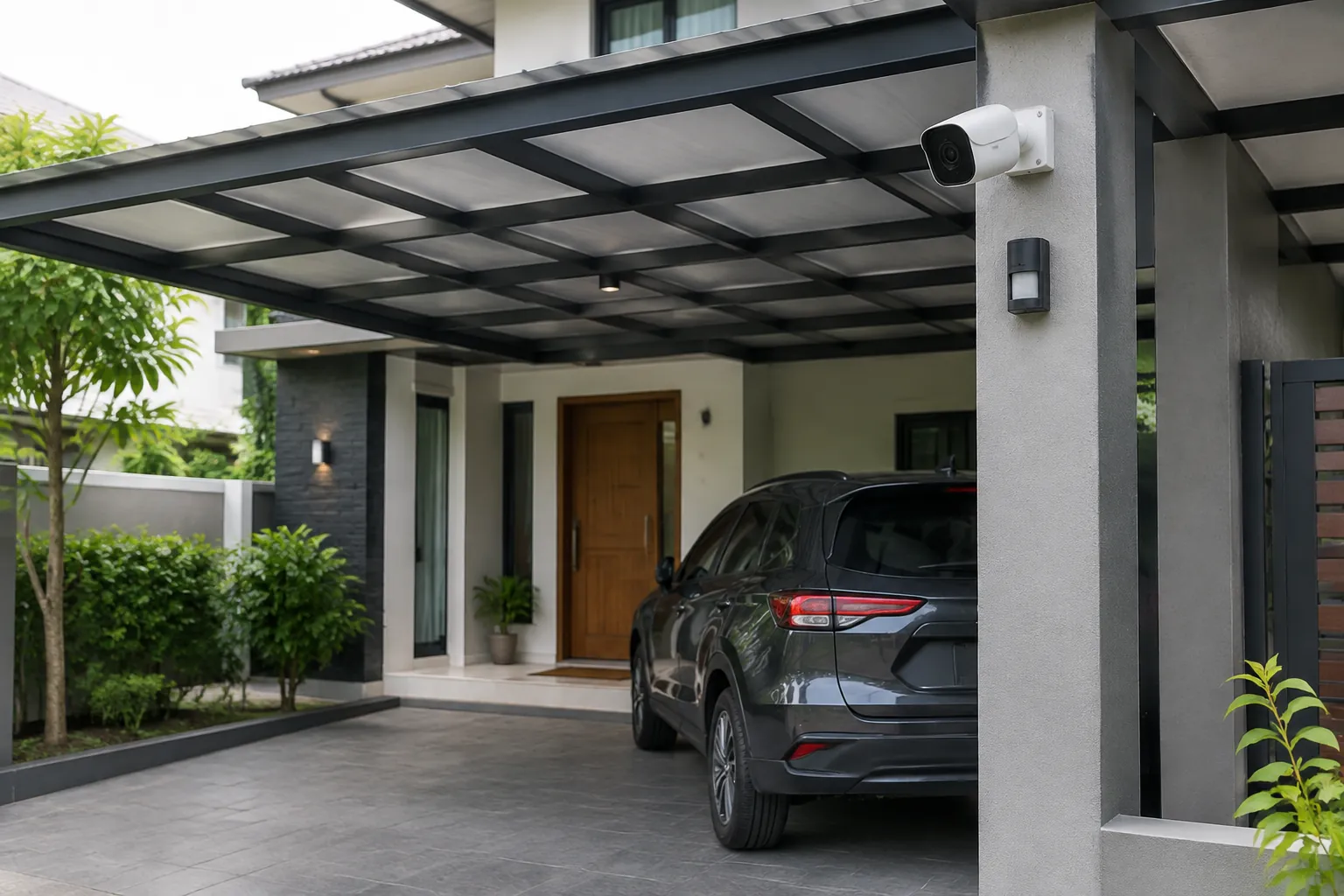 Kamera keamanan terpasang pada tiang depan carport
