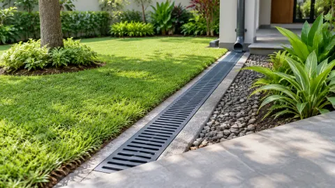 Saluran drainase linear di tepi jalur taman