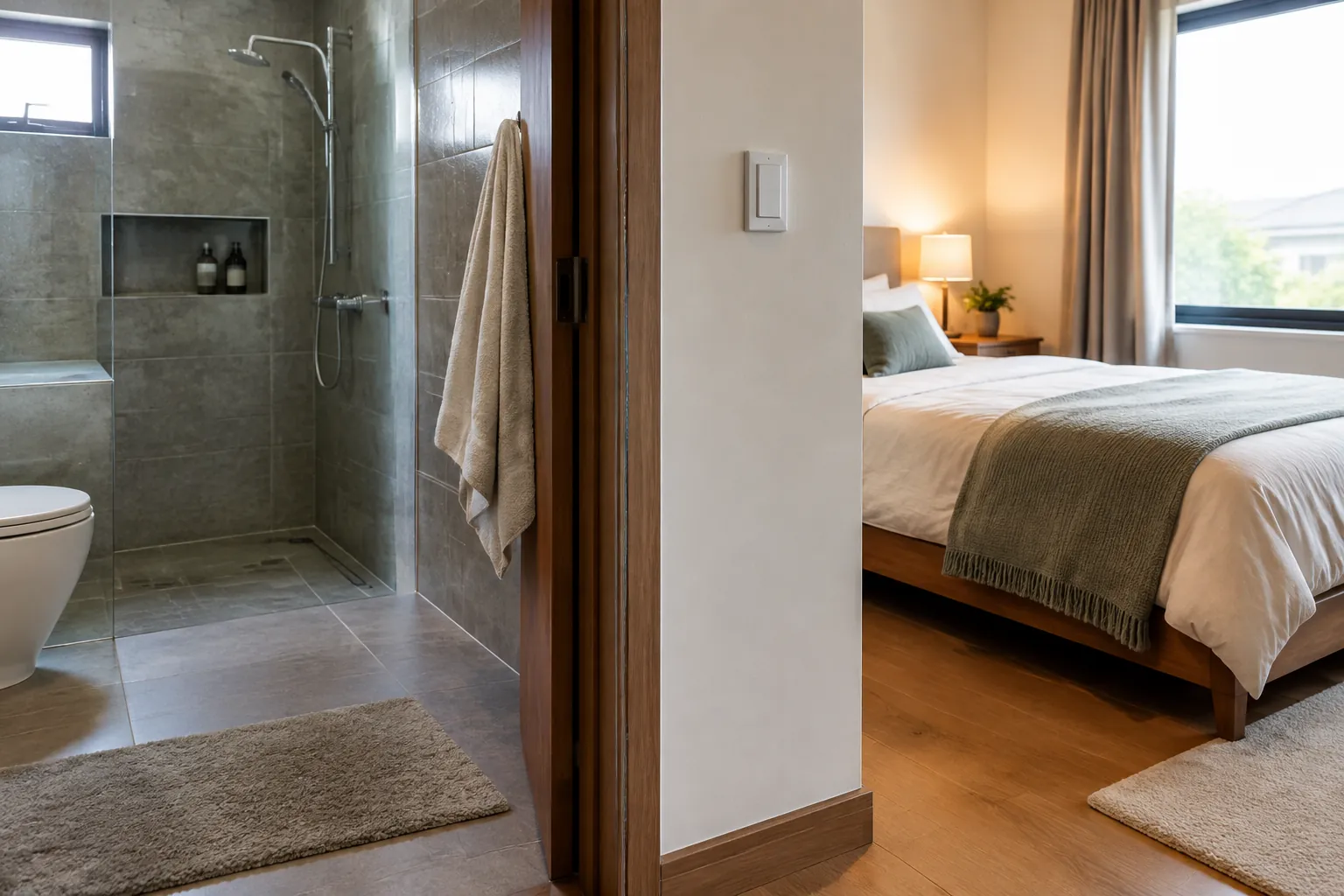 Partisi memisahkan kamar mandi dan kamar tidur