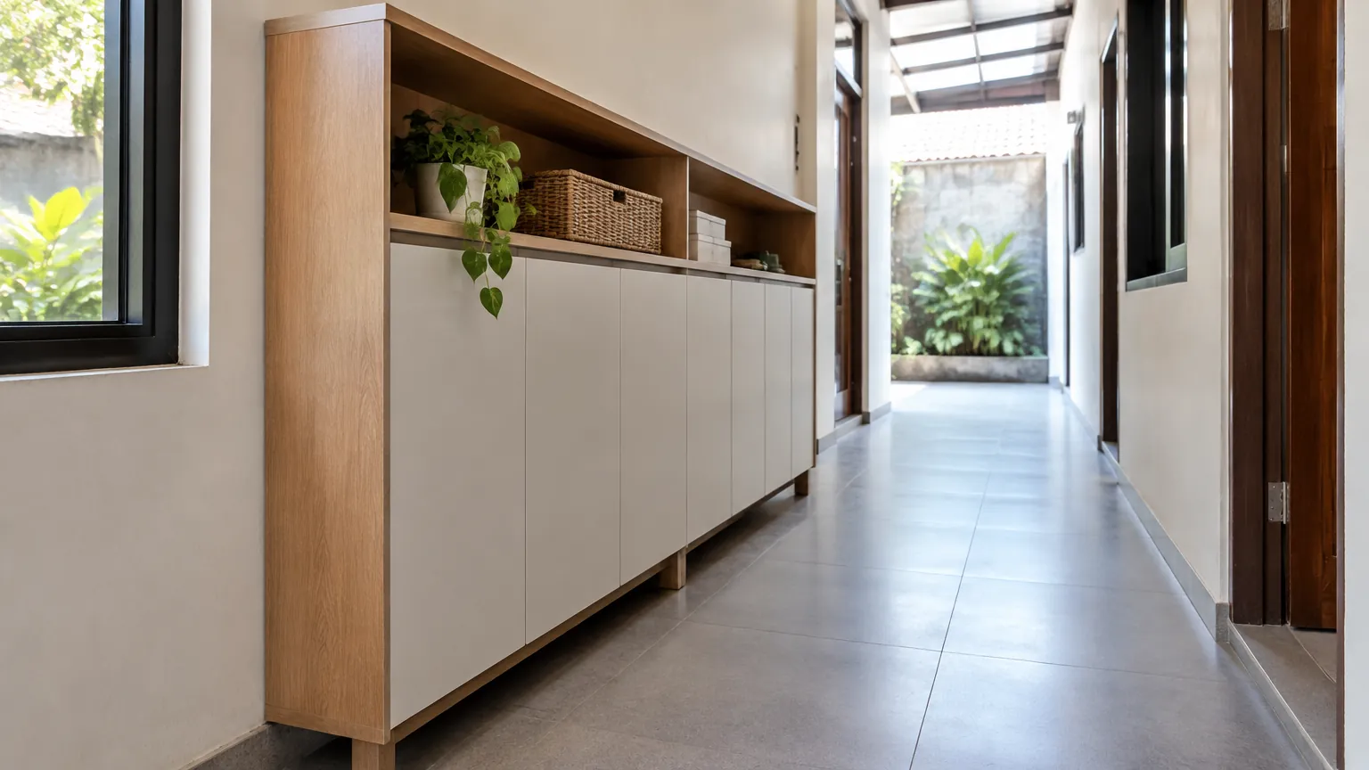 Lemari penyimpanan memanjang di lorong rumah yang terang