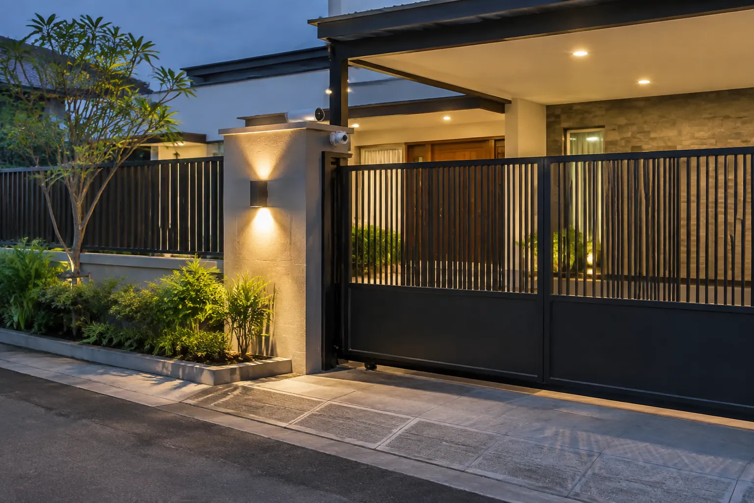 Lampu menerangi pagar dan gerbang rumah pada malam hari
