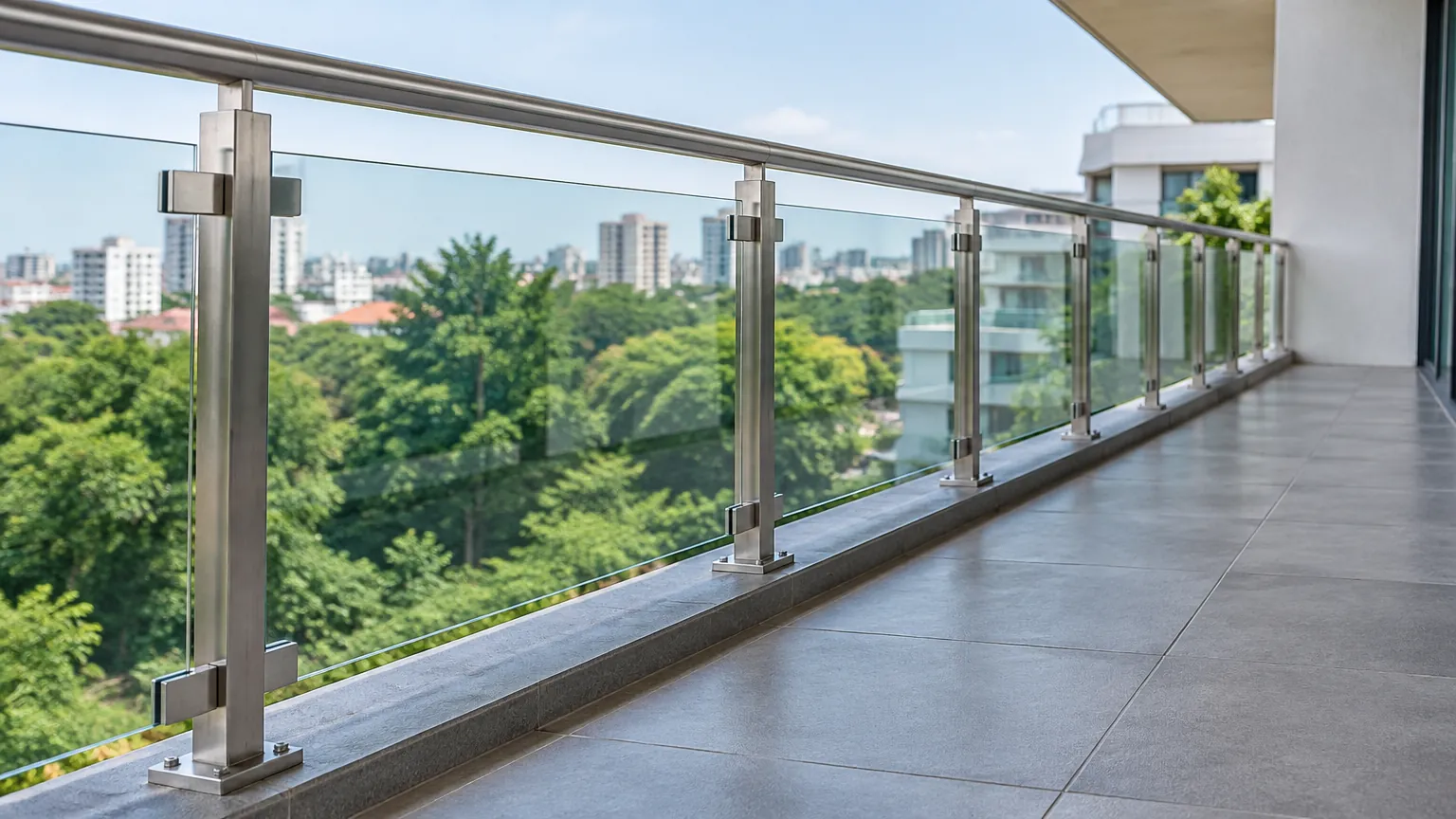 Railing kaca pada balkon tinggi menghadap kawasan hijau