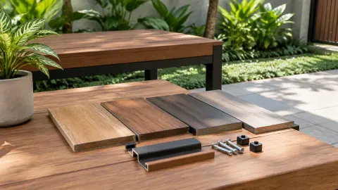 Contoh permukaan kayu dan perangkat keras di atas meja taman
