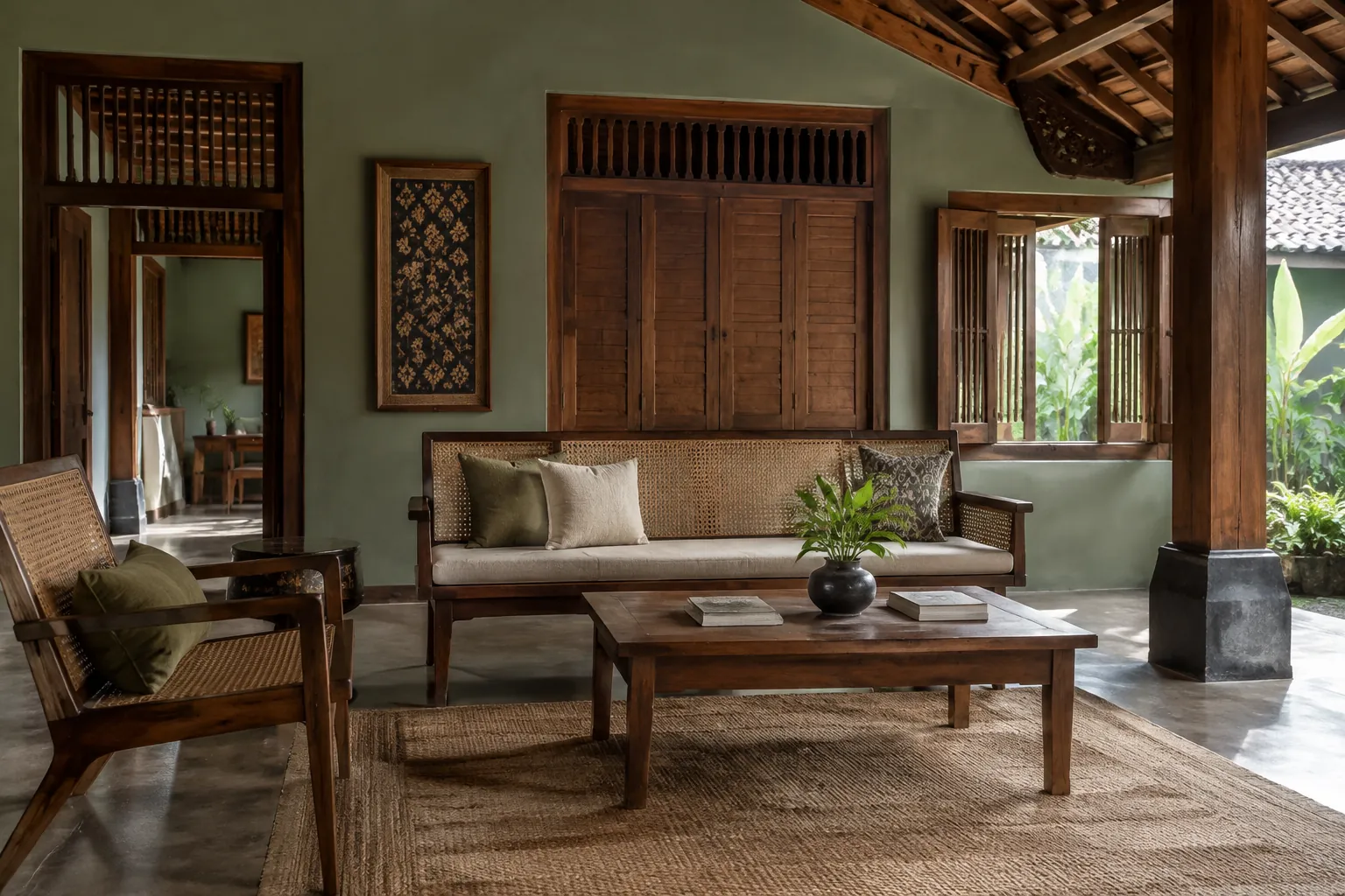 Ruang tamu dengan furnitur kayu dan dinding hijau lembut