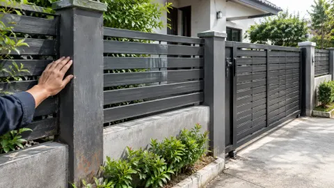 Tangan memeriksa tiang pagar logam