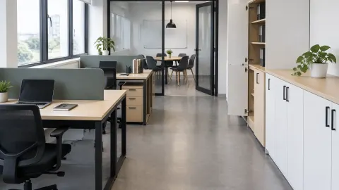 Jalur kerja di antara meja kantor dan ruang rapat