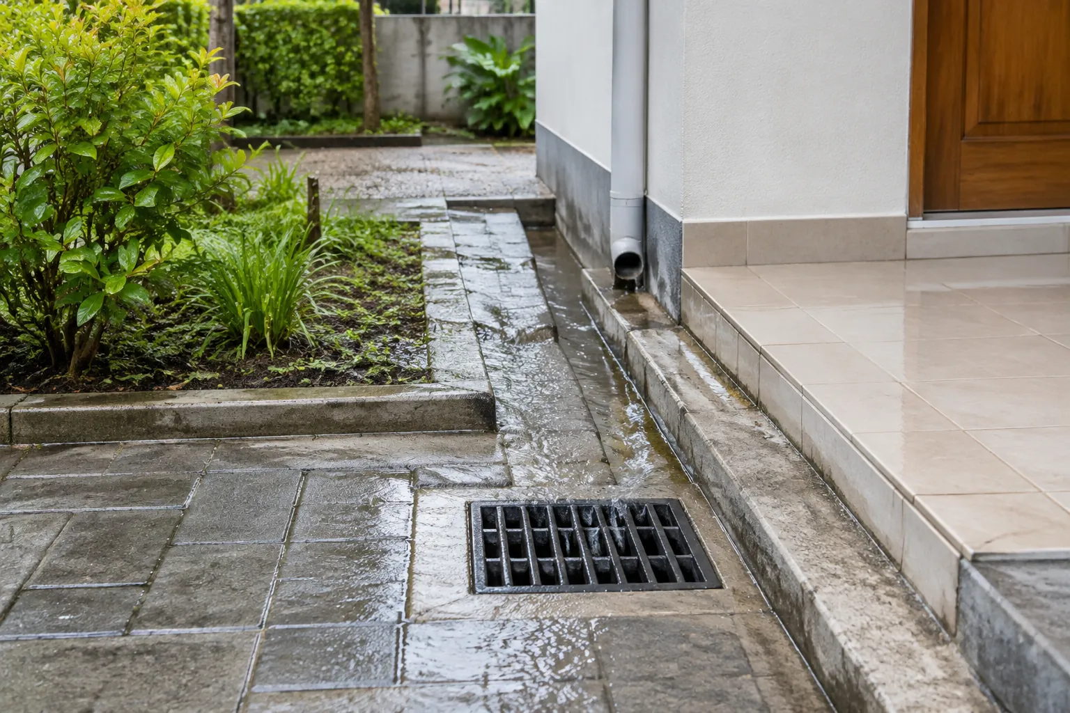 Air hujan mengalir di halaman rumah menuju kisi drainase