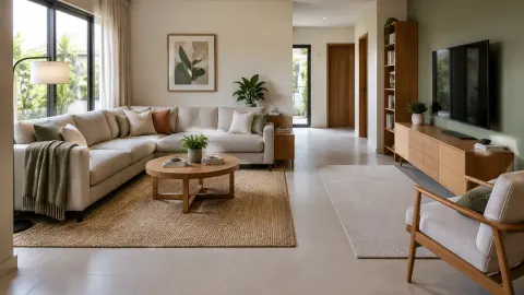 Ruang tamu berbentuk memanjang dengan sofa dan meja