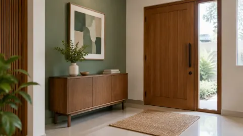 Foyer dengan meja konsol, cermin, dan pintu kayu