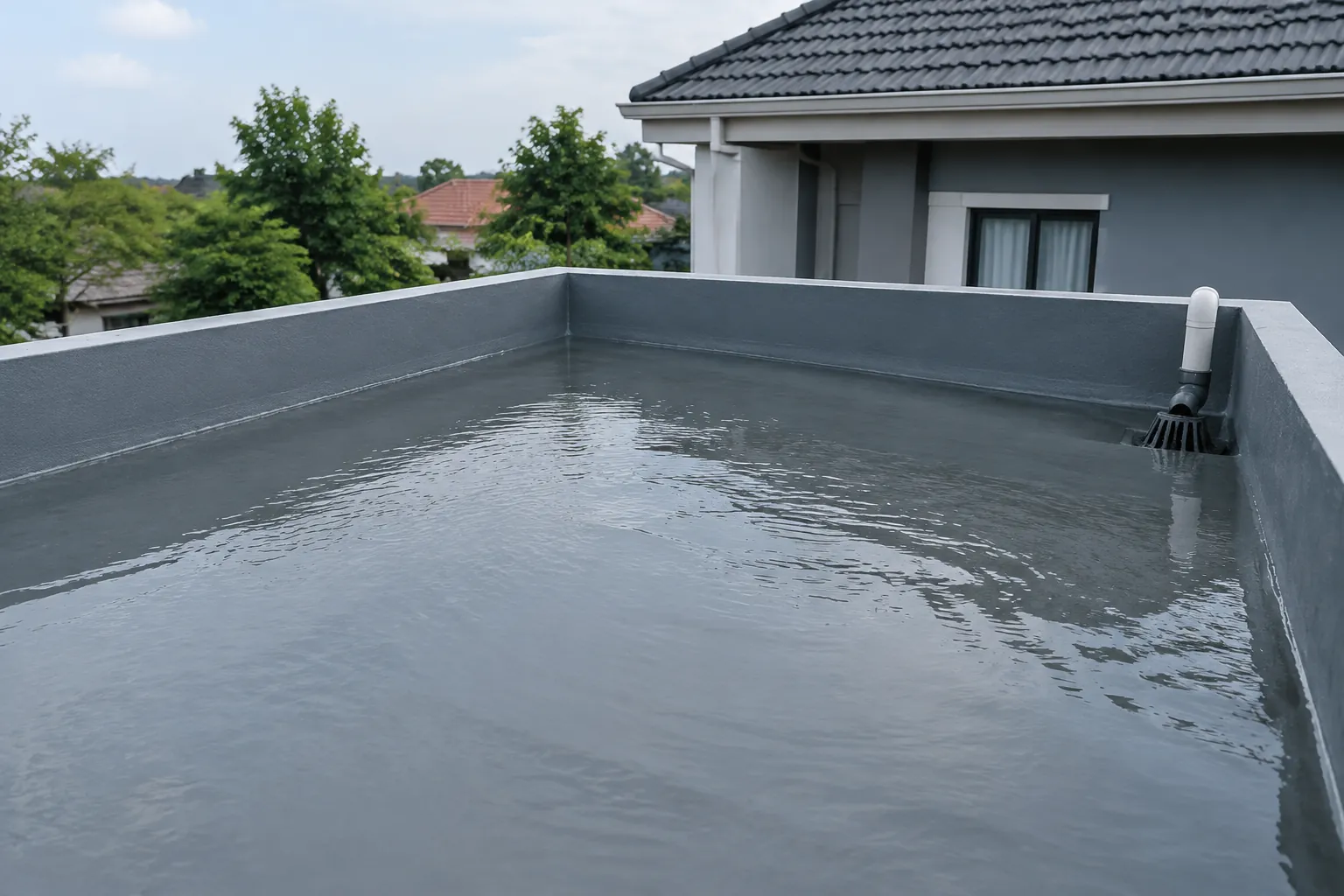 Permukaan dak berisi air saat uji rendam dengan pipa drain di tepi