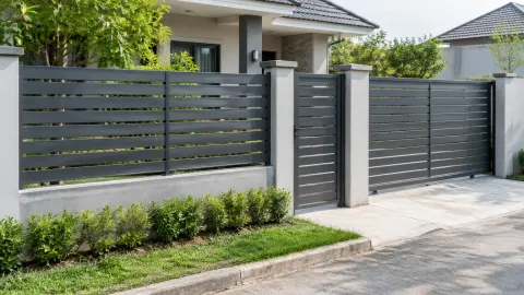 Pagar logam berbilah dengan gerbang depan rumah
