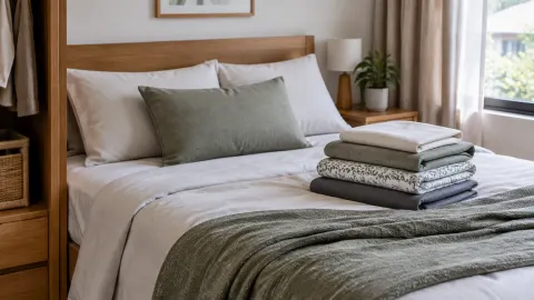 Tempat tidur dengan tumpukan contoh kain dan seprai