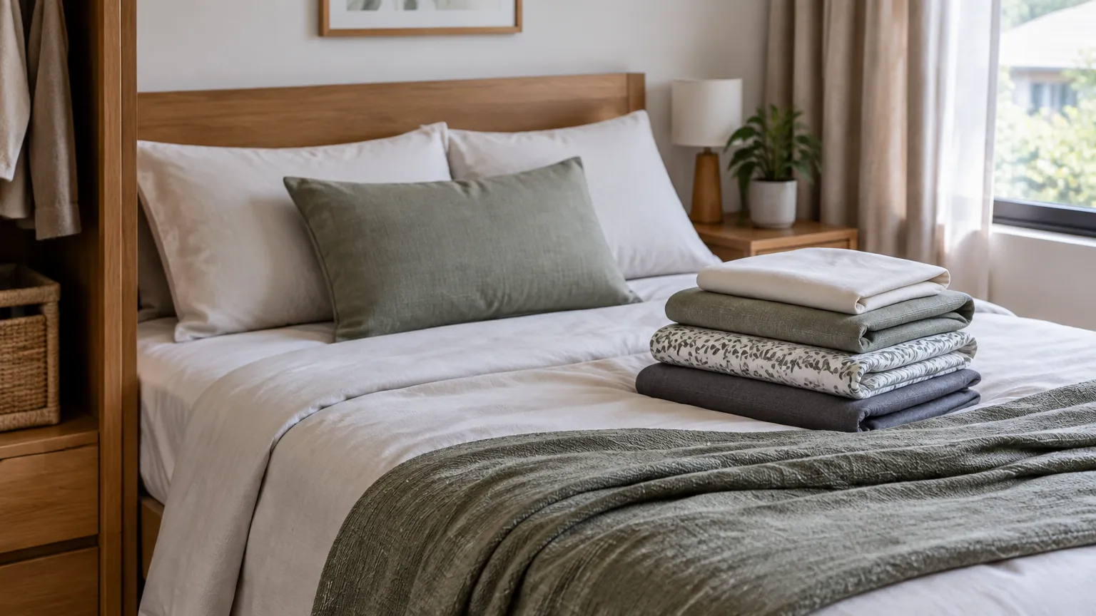 Tempat tidur dengan tumpukan contoh kain dan seprai