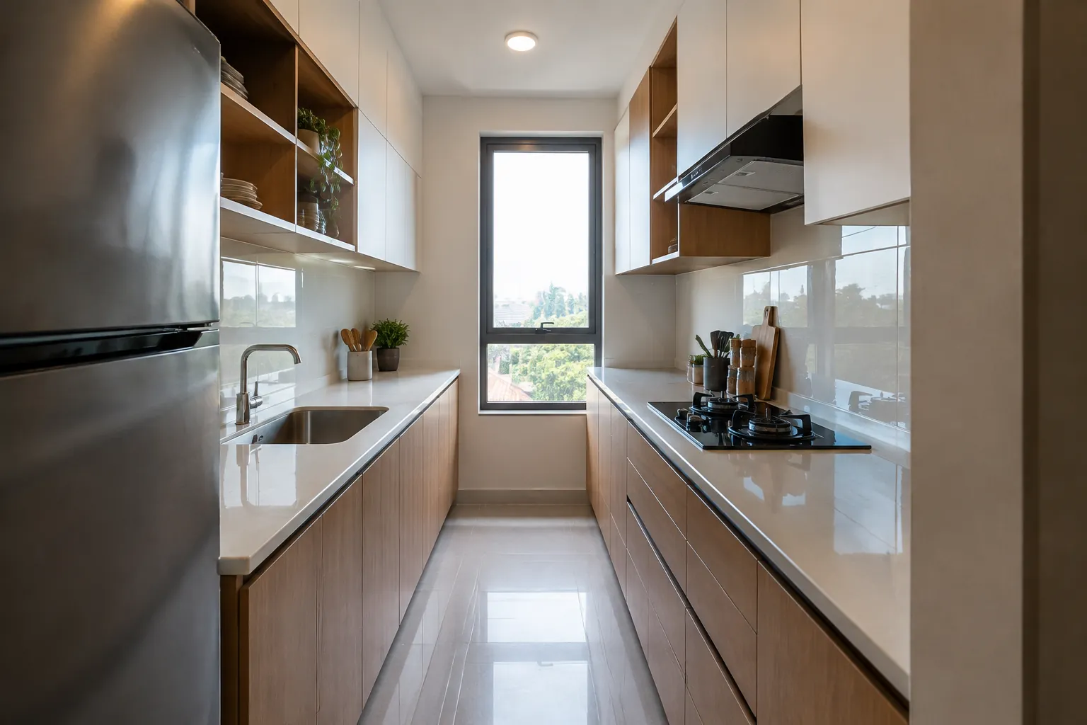 Dapur galley dengan jendela pada ujungnya
