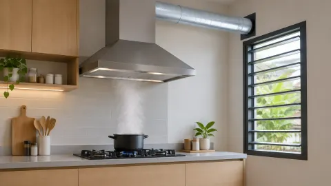 Dapur dengan penghisap asap dan jendela berkisi