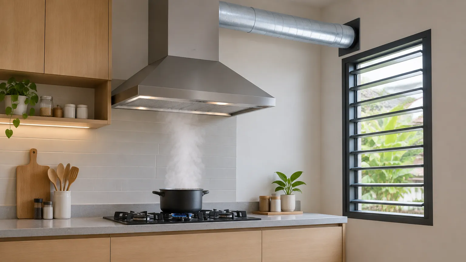Dapur dengan penghisap asap dan jendela berkisi