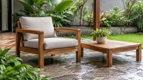 Kursi dan meja kayu luar ruang di bawah naungan