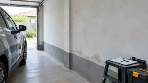 Dinding garasi dengan garis noda di dekat lantai dan mobil
