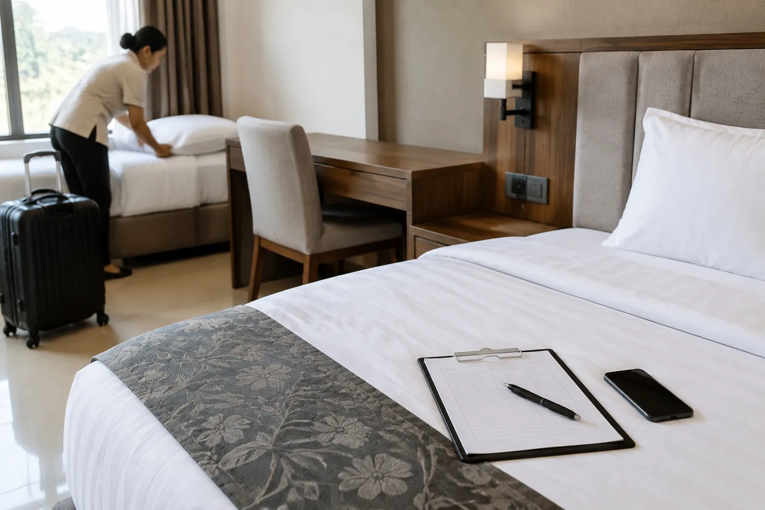 Petugas merapikan tempat tidur kamar penginapan