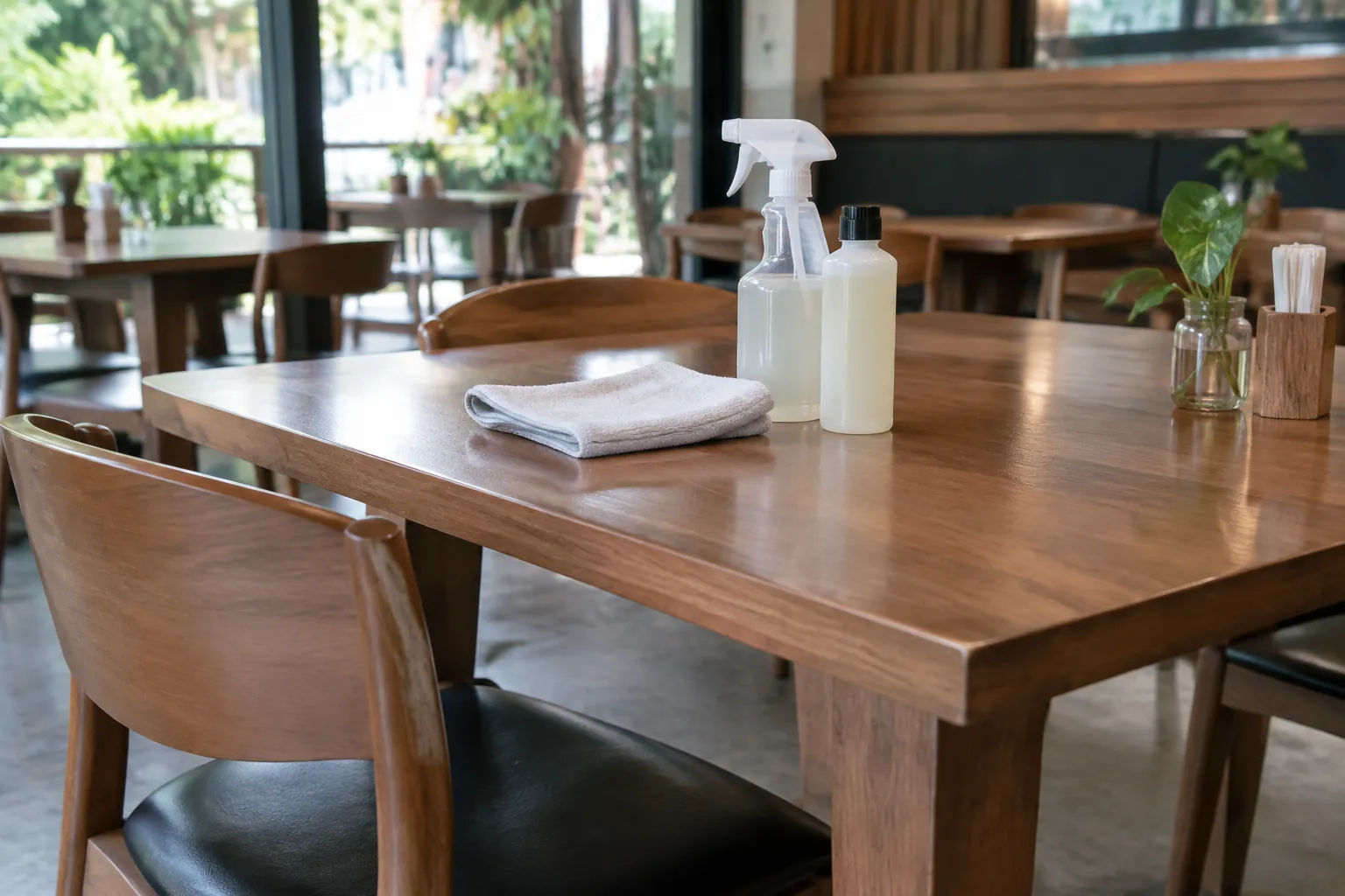 Meja kafe dengan kain dan botol pembersih